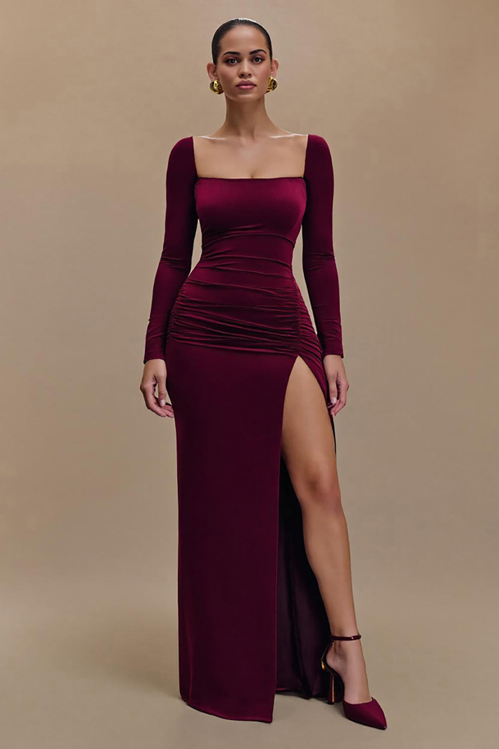 Burgundy Bainha Veludo Mangas Longas Vestido Formal com Fenda