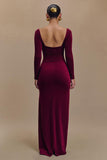 Burgundy Bainha Veludo Mangas Longas Vestido Formal com Fenda