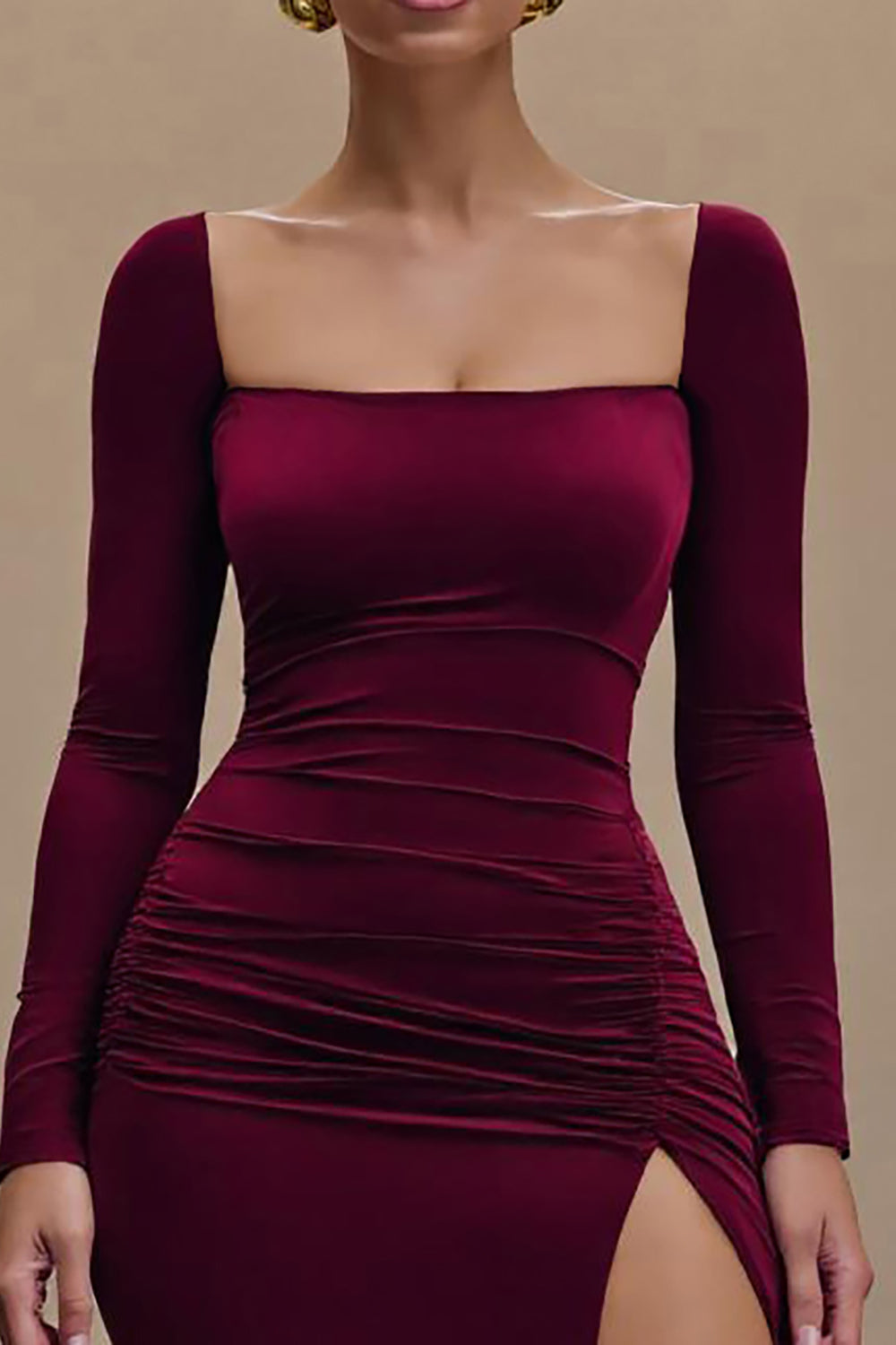 Burgundy Bainha Veludo Mangas Longas Vestido Formal com Fenda