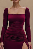 Burgundy Bainha Veludo Mangas Longas Vestido Formal com Fenda