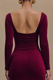Burgundy Bainha Veludo Mangas Longas Vestido Formal com Fenda