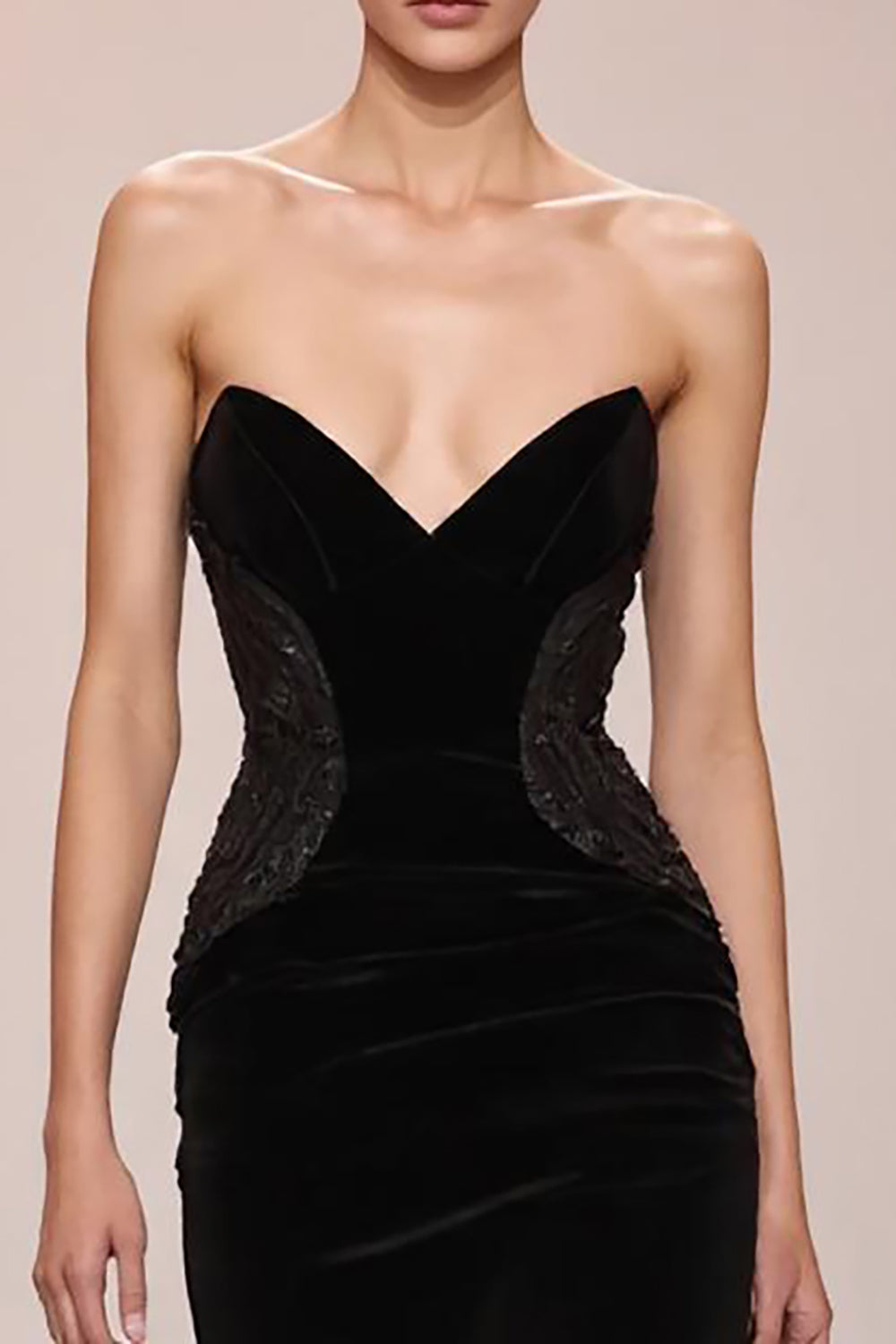 Preto Veludo Sereia Strapless Vestido de Noite Longo