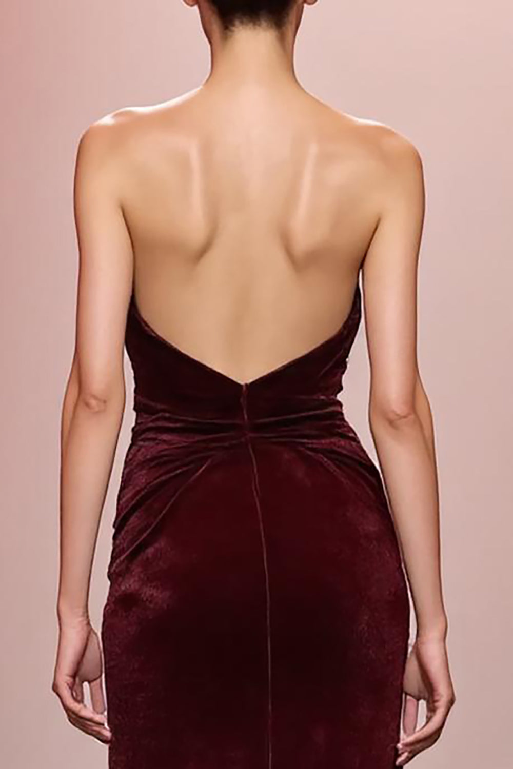 Sereia Vermelha Escura Veludo Ruched Strapless Vestido de Noite Longo