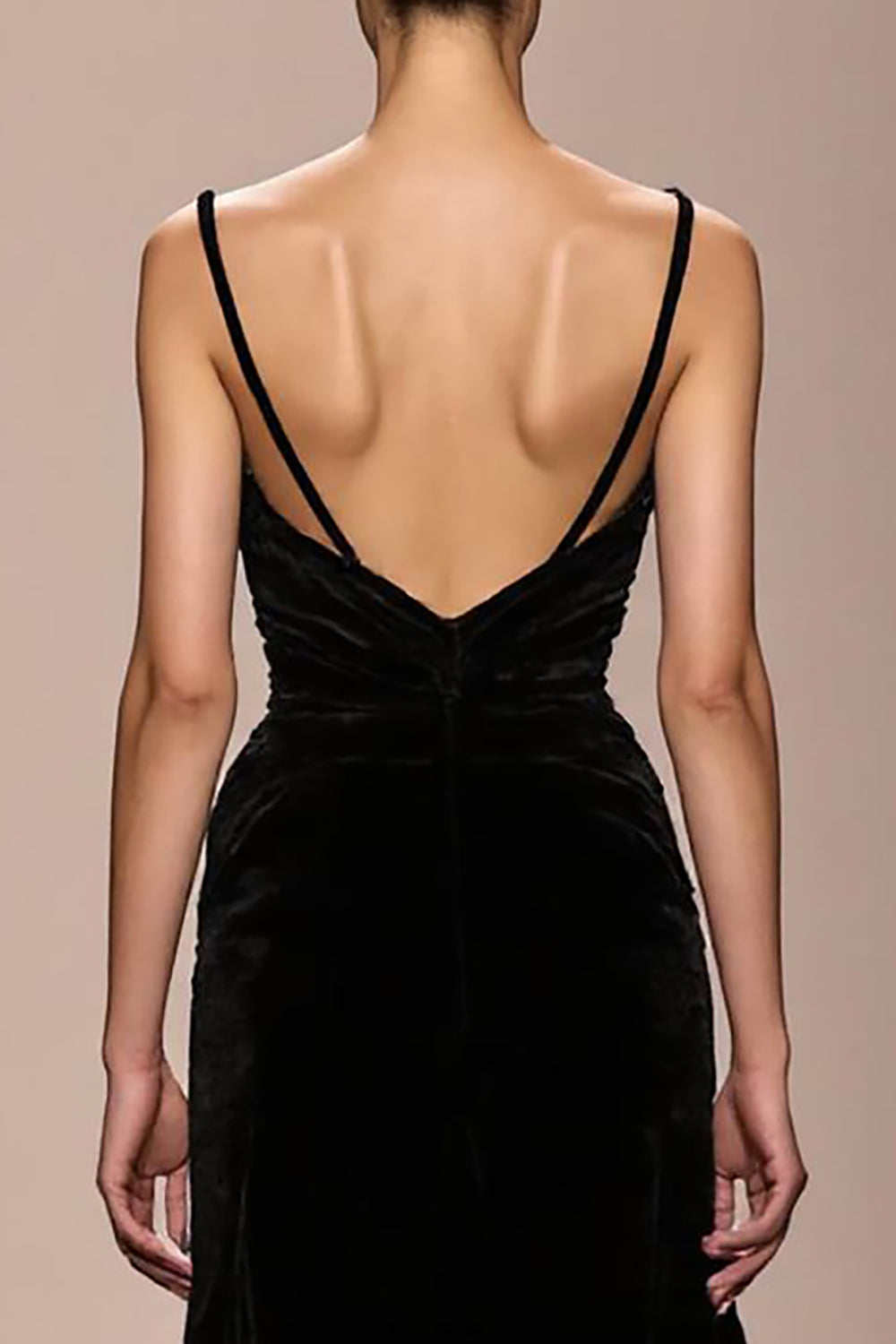 Veludo Preto Esparguete Correias Backless Vestido de Noite