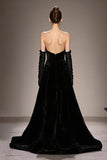 Preto Strapless Long Velvet Vestido de Noite
