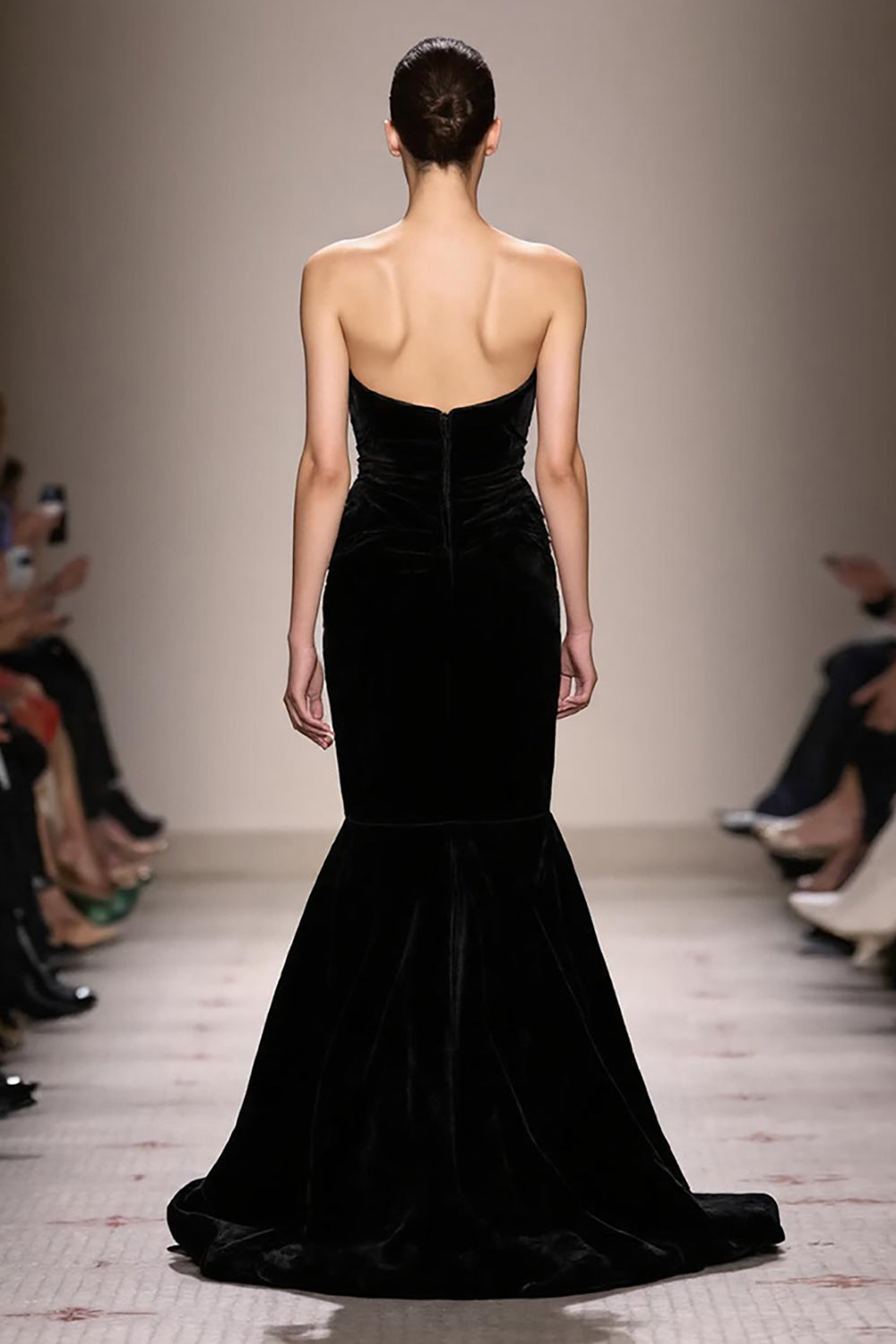 Sereia Preto Veludo Strapless Vestido de Noite Longo