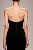 Sereia Preto Veludo Strapless Vestido de Noite Longo