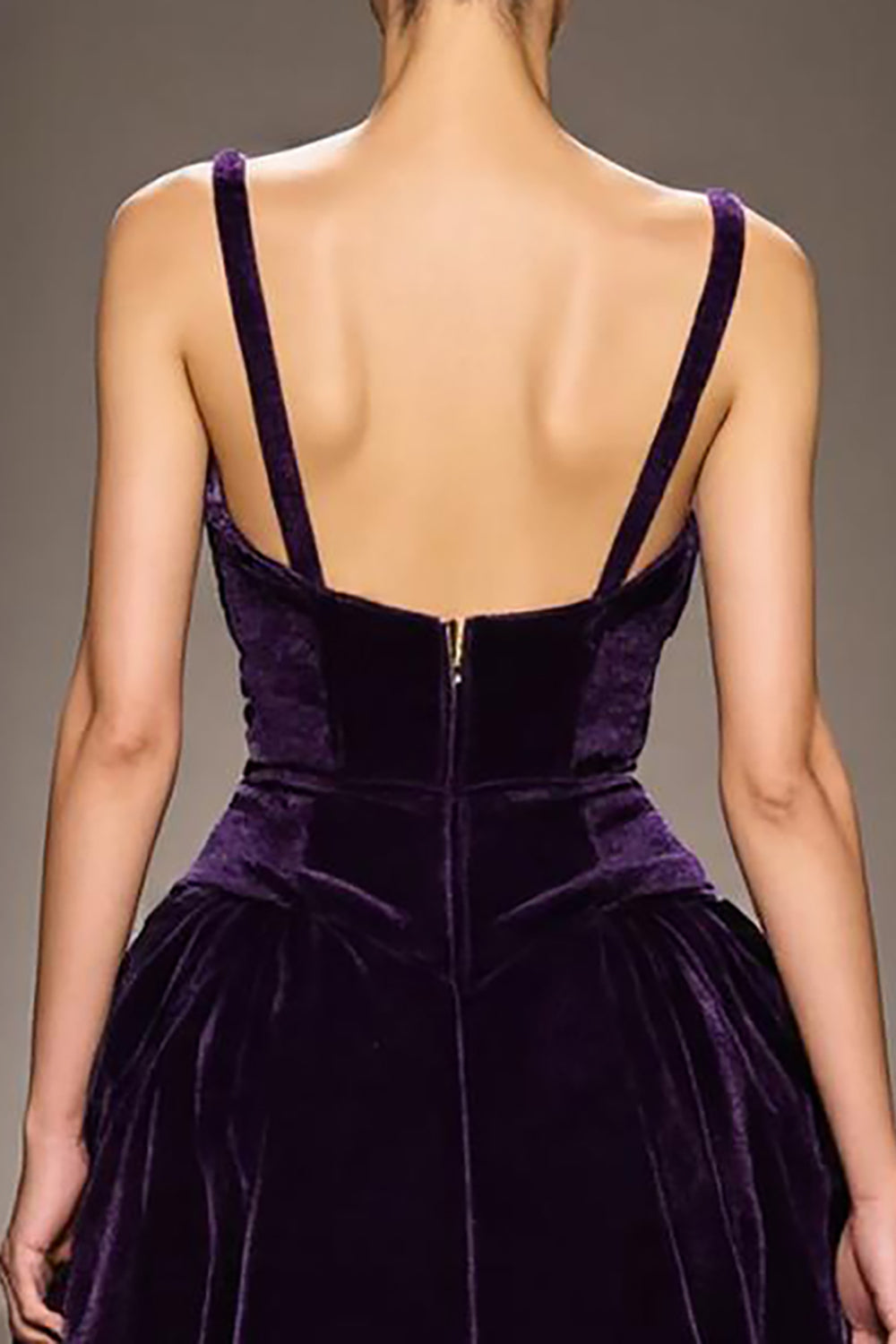 Veludo roxo escuro uma linha profunda V-neck longo vestido de noite