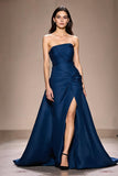 Azul escuro Strapless A-Line Ruched longo vestido de noite com fenda
