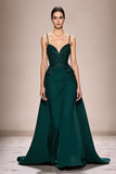 Verde escuro A-Line cetim Ruched longo vestido de noite com apliques