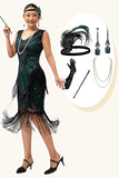 Preto Verde Lantejoulas Fringe V Neck 1920s Vestido com 5-Piece Acessórios set