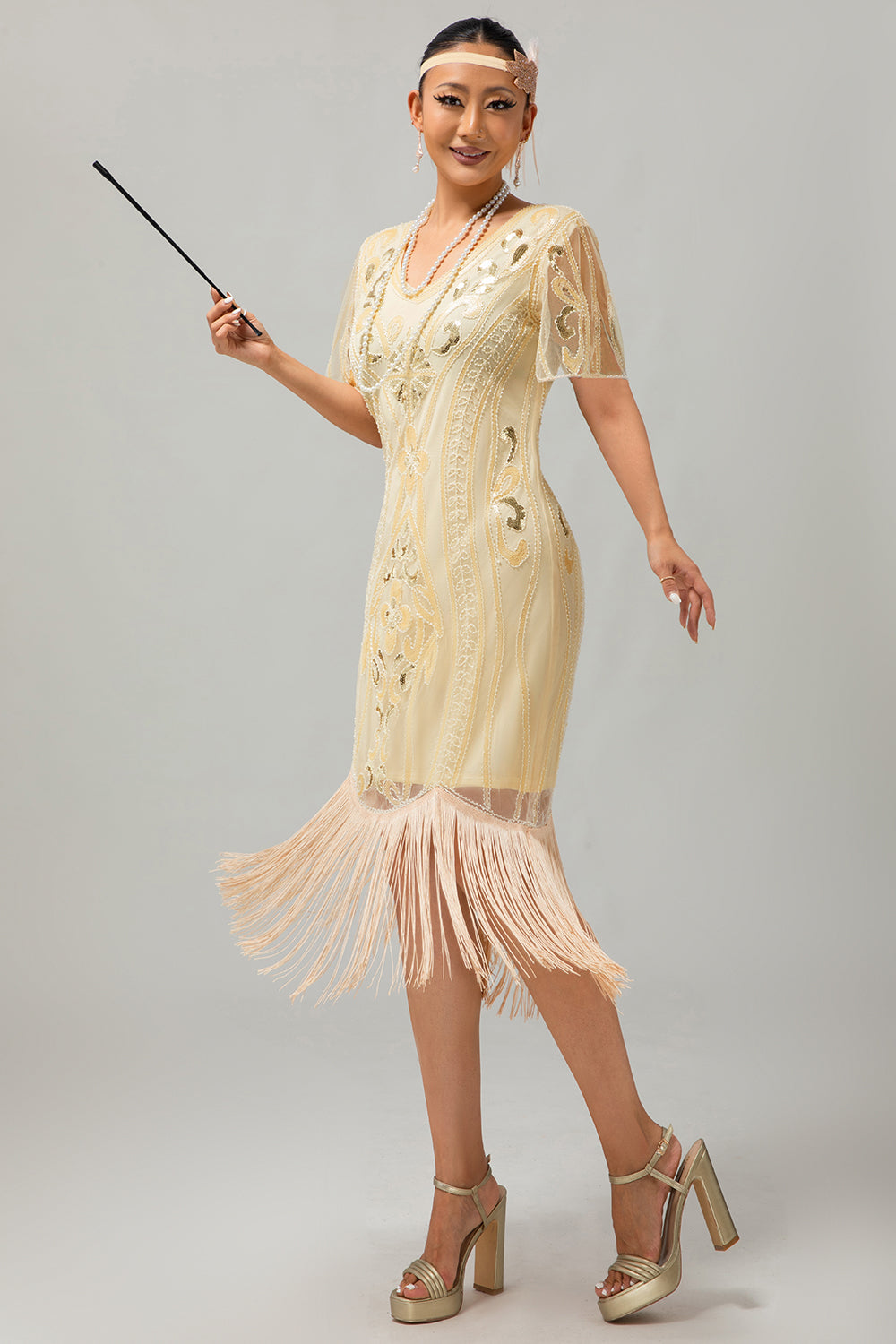 Damasco franjado lantejoulas 1920s Flapper vestido com mangas curtas