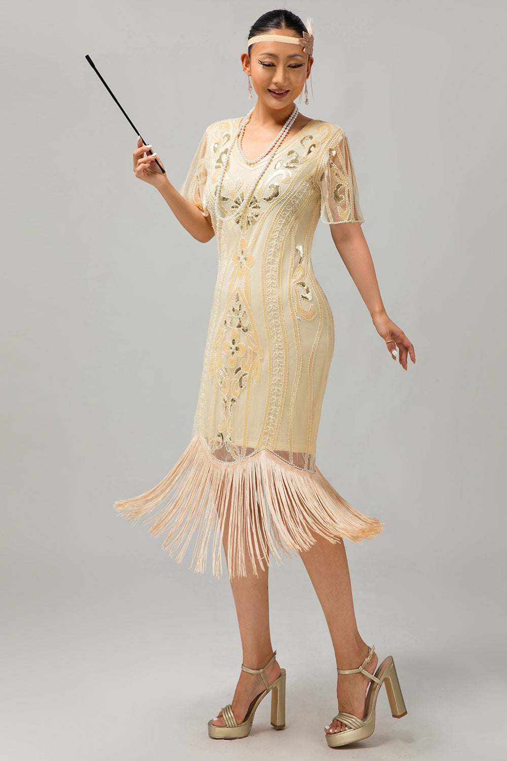 Damasco franjado lantejoulas 1920s Flapper vestido com mangas curtas