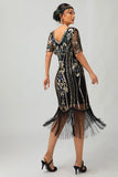 Sparkly Flapper Preto Dourado Lantejoulas Bodycon Fringed 1920s Vestido