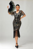 Sparkly Flapper Preto Dourado Lantejoulas Bodycon Fringed 1920s Vestido