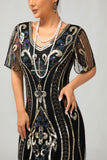 Sparkly Flapper Preto Dourado Lantejoulas Bodycon Fringed 1920s Vestido