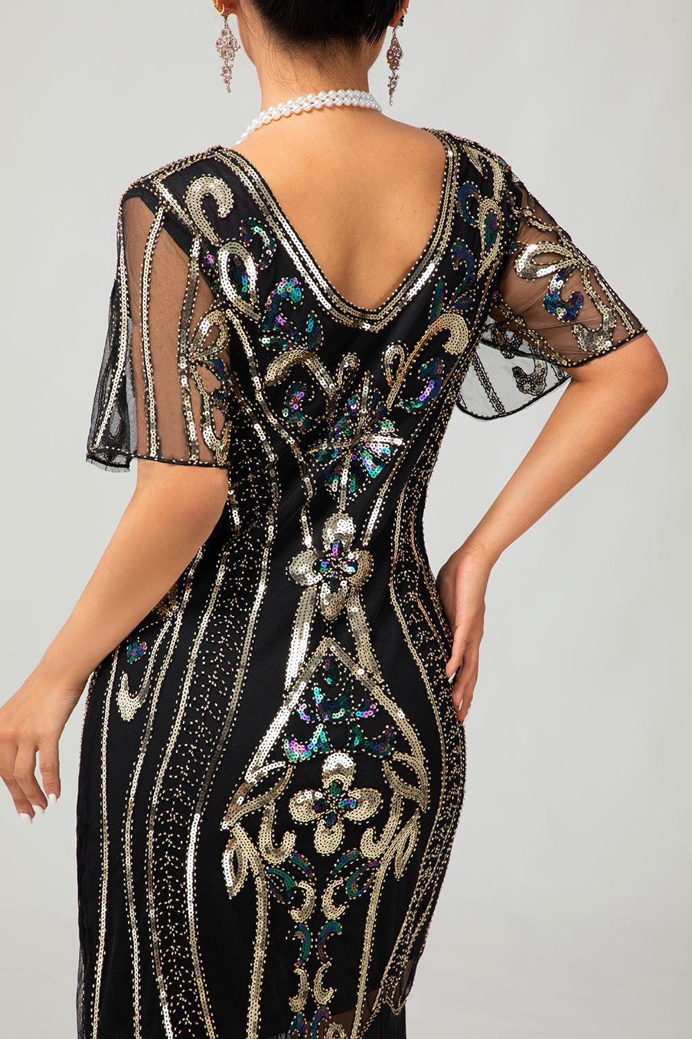 Sparkly Flapper Preto Dourado Lantejoulas Bodycon Fringed 1920s Vestido