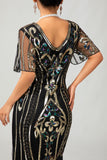 Sparkly Flapper Preto Dourado Lantejoulas Bodycon Fringed 1920s Vestido