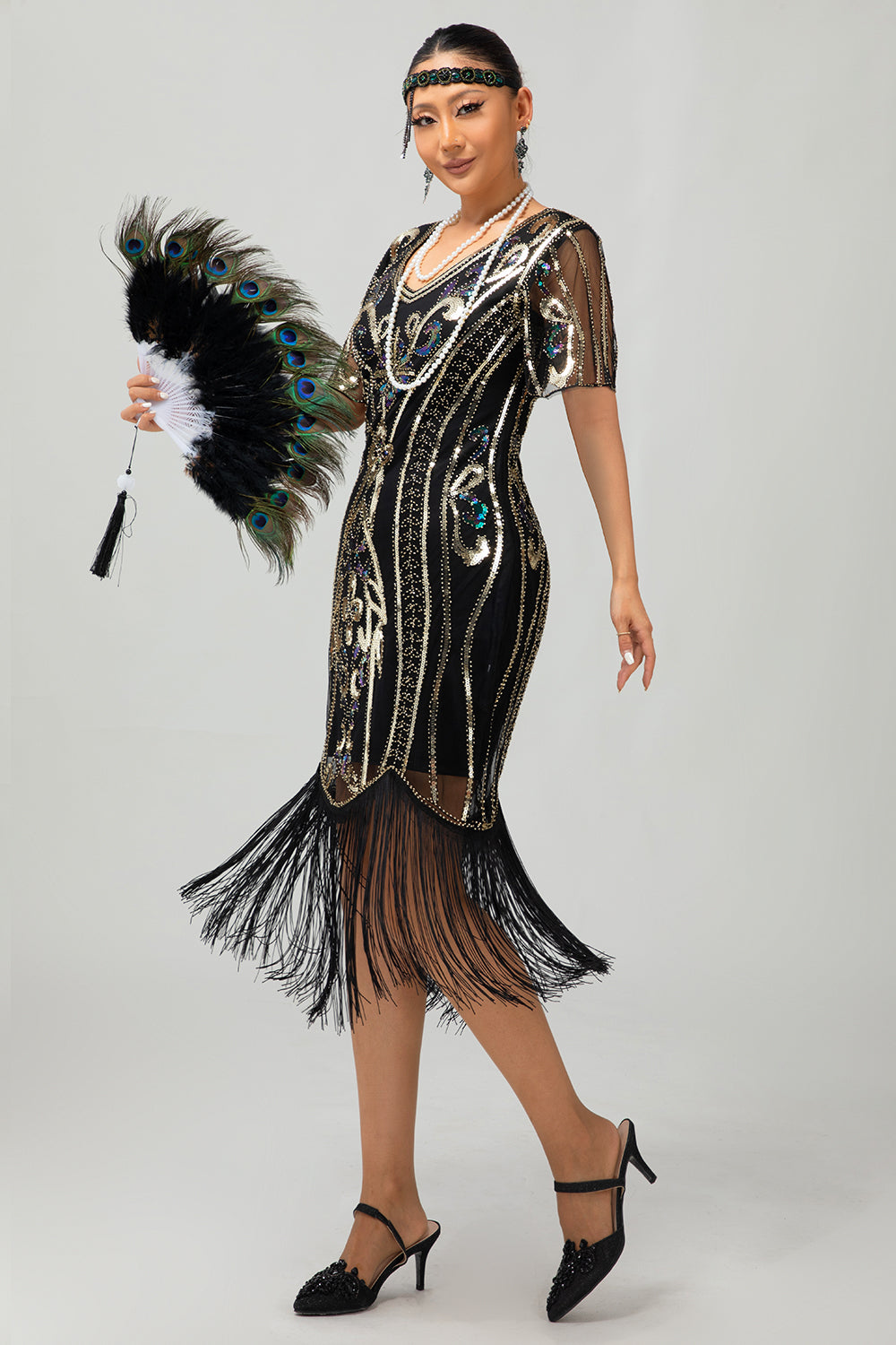Sparkly Flapper Preto Dourado Lantejoulas Bodycon Fringed 1920s Vestido