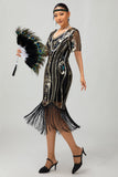 Sparkly Flapper Preto Dourado Lantejoulas Bodycon Fringed 1920s Vestido