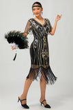 Sparkly Flapper Preto Dourado Lantejoulas Bodycon Fringed 1920s Vestido