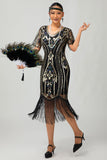 Sparkly Flapper Preto Dourado Lantejoulas Bodycon Fringed 1920s Vestido