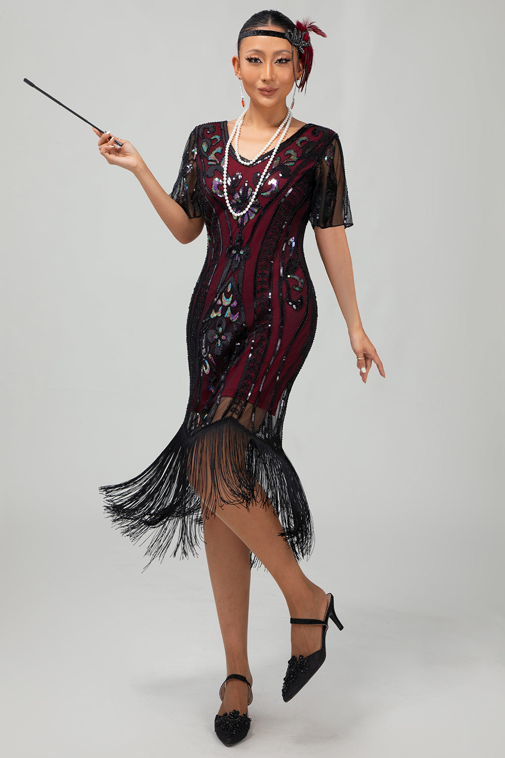 Damasco franjado lantejoulas 1920s Flapper vestido com mangas curtas