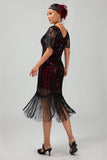 Sparkly Flapper Preto Dourado Lantejoulas Bodycon Fringed 1920s Vestido