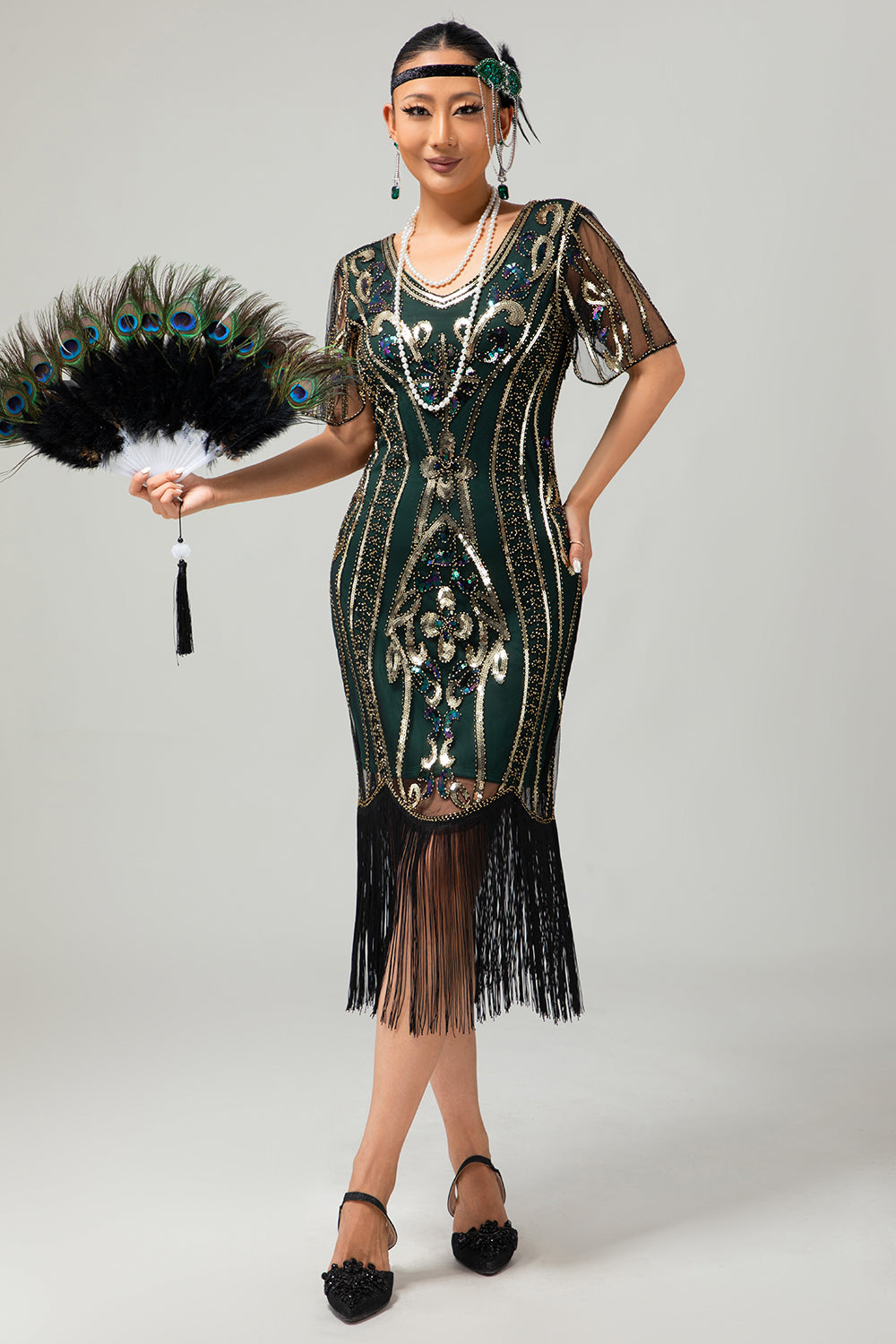 Damasco franjado lantejoulas 1920s Flapper vestido com mangas curtas