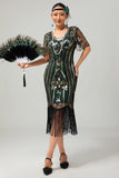 Damasco franjado lantejoulas 1920s Flapper vestido com mangas curtas