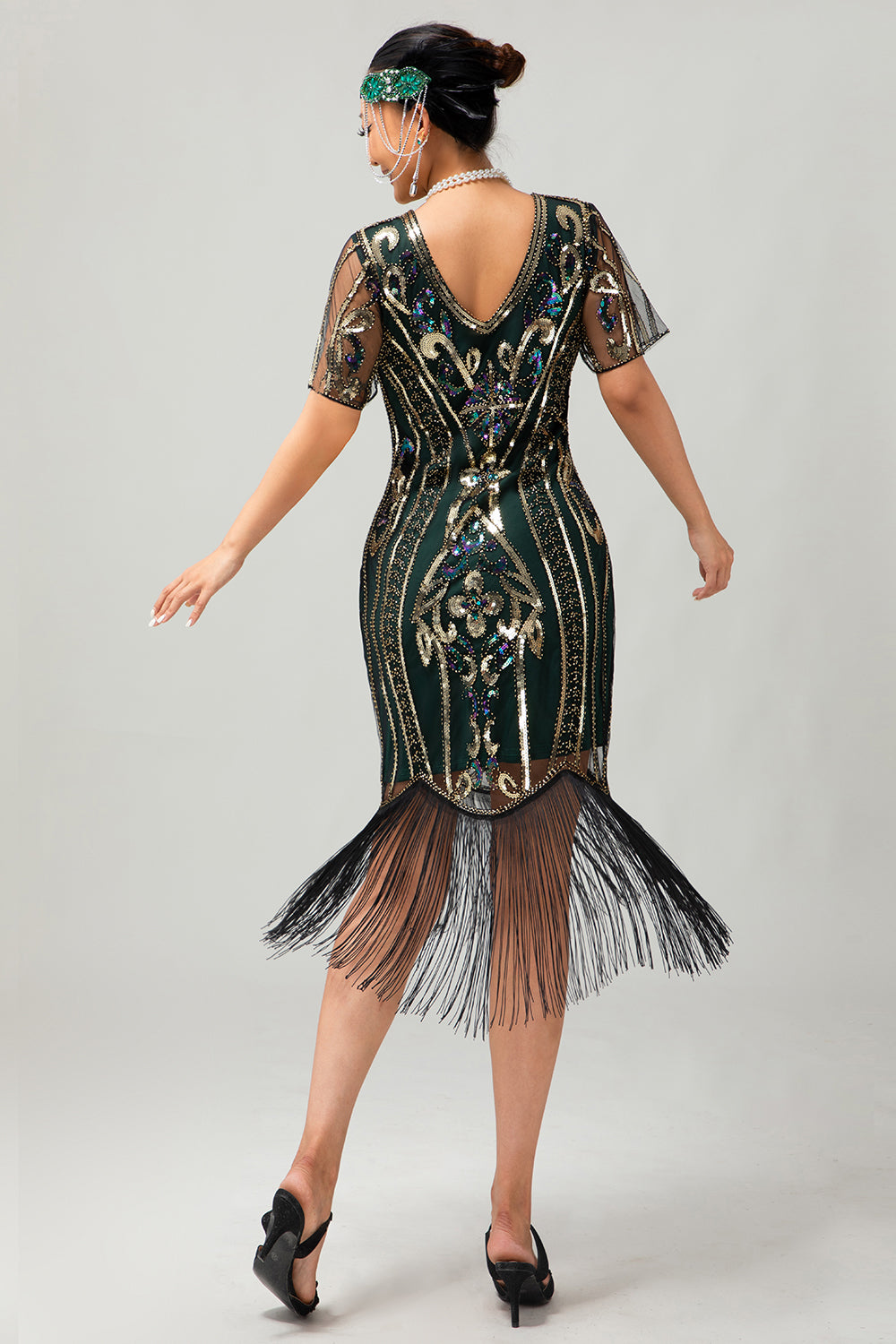 Damasco franjado lantejoulas 1920s Flapper vestido com mangas curtas