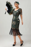 Damasco franjado lantejoulas 1920s Flapper vestido com mangas curtas
