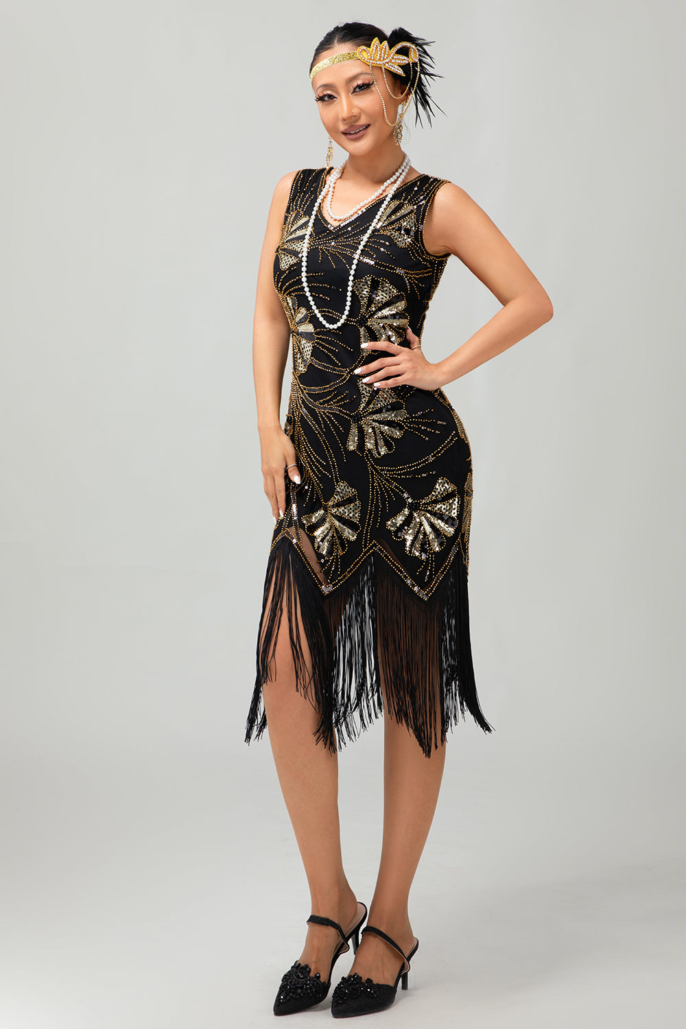 Red Golden Sequin 1920s V Pescoço Bodycon Flapper Vestido com Tassles