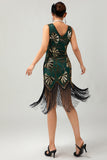 Green Golden Sequin V Neck Bodycon 1920s Flapper Vestido com Tassles