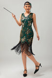 Green Golden Sequin V Neck Bodycon 1920s Flapper Vestido com Tassles