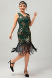 Green Golden Sequin V Neck Bodycon 1920s Flapper Vestido com Tassles