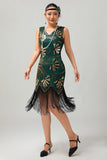 Green Golden Sequin V Neck Bodycon 1920s Flapper Vestido com Tassles