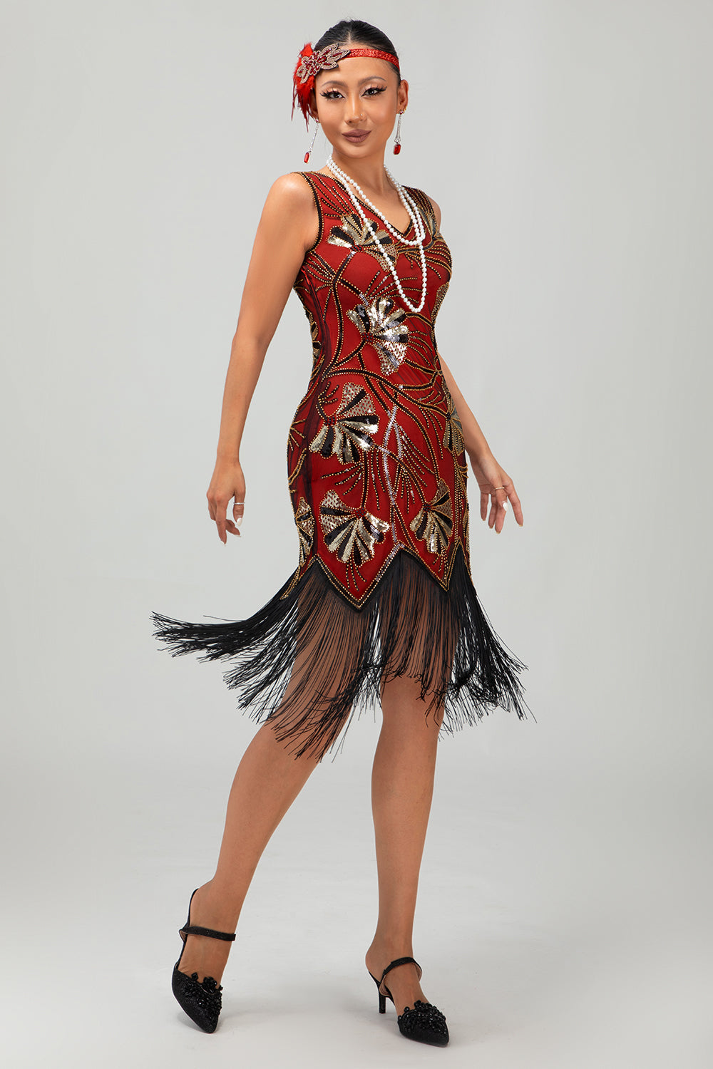 Red Golden Sequin 1920s V Pescoço Bodycon Flapper Vestido com Tassles