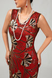 Red Golden Sequin 1920s V Pescoço Bodycon Flapper Vestido com Tassles