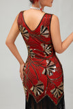 Red Golden Sequin 1920s V Pescoço Bodycon Flapper Vestido com Tassles