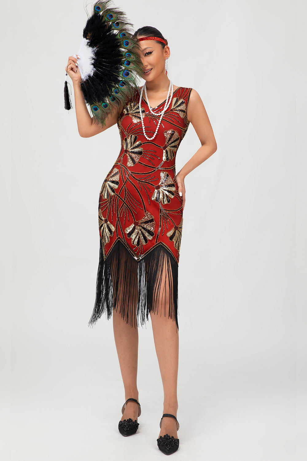 Red Golden Sequin 1920s V Pescoço Bodycon Flapper Vestido com Tassles