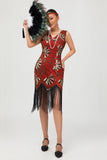 Red Golden Sequin 1920s V Pescoço Bodycon Flapper Vestido com Tassles