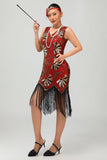 Red Golden Sequin 1920s V Pescoço Bodycon Flapper Vestido com Tassles