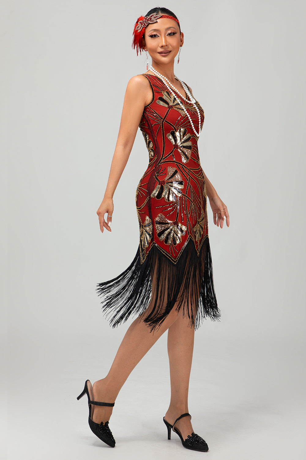 Red Golden Sequin 1920s V Pescoço Bodycon Flapper Vestido com Tassles