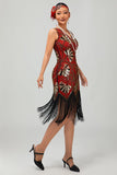 Red Golden Sequin 1920s V Pescoço Bodycon Flapper Vestido com Tassles