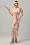 Champagne Halter Sequin Keyhole Fringed 1920s Vestido