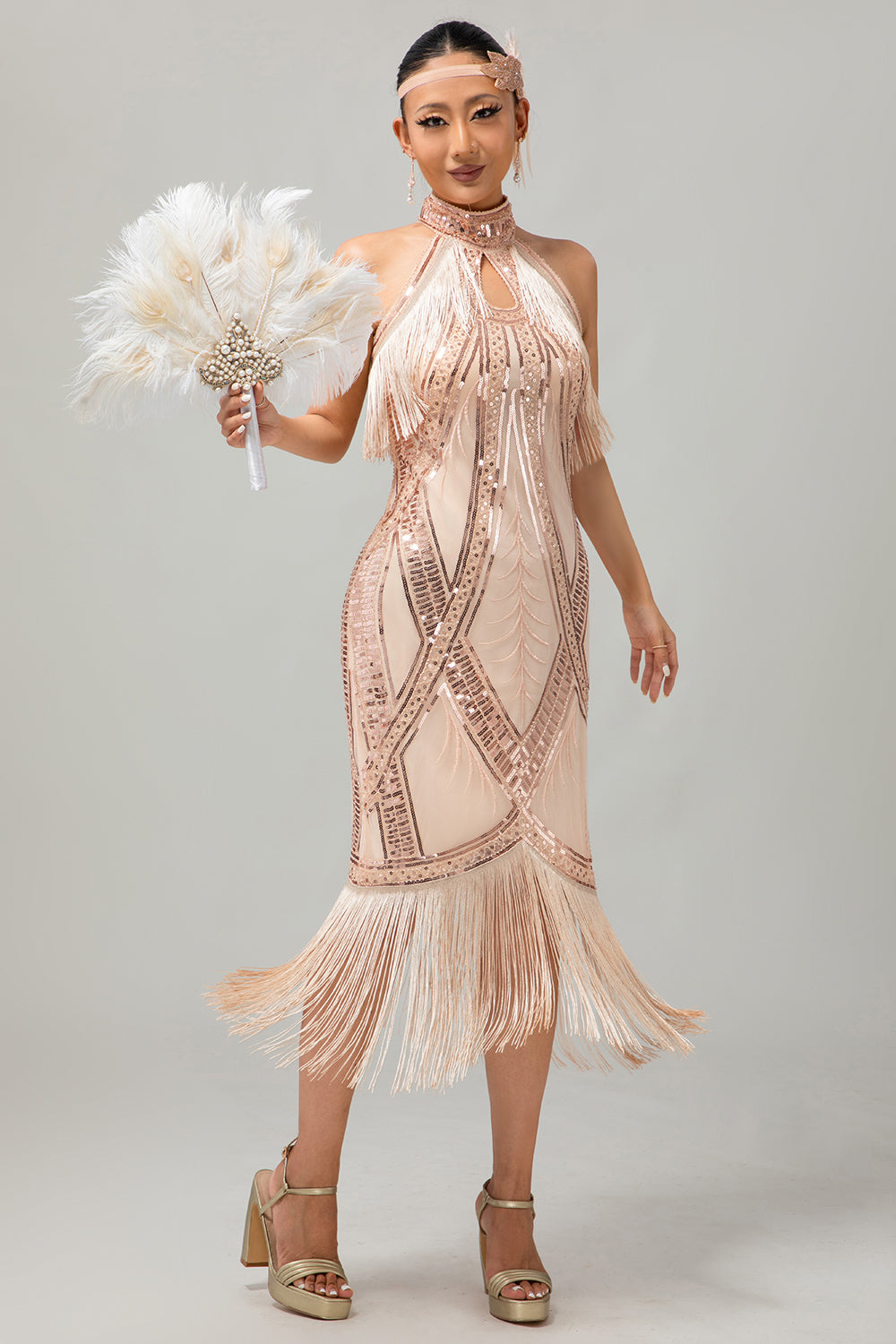 Champagne Halter Sequin Keyhole Fringed 1920s Vestido