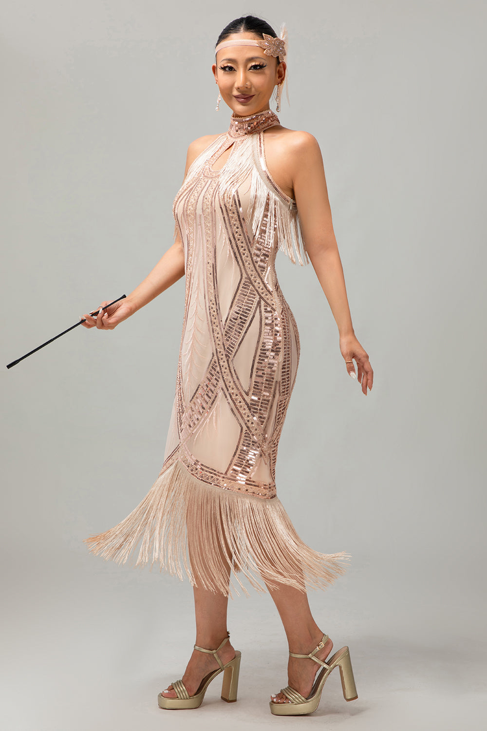 Champagne Halter Sequin Keyhole Fringed 1920s Vestido