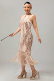 Champagne Halter Sequin Keyhole Fringed 1920s Vestido