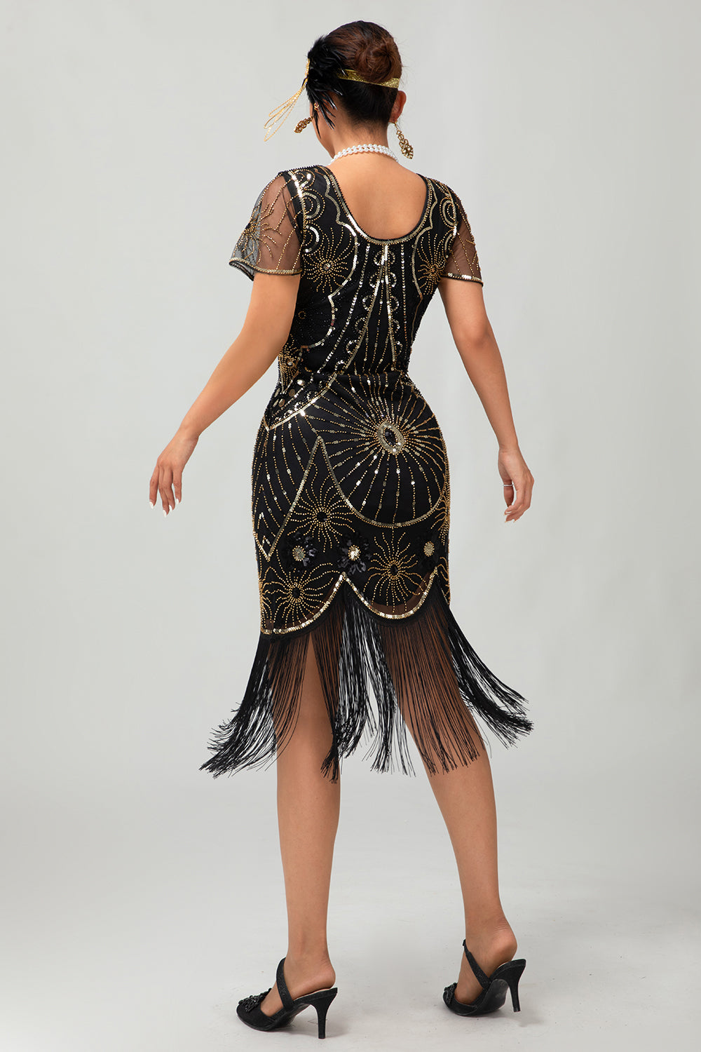 Gatsby Preto Vermelho Scoop Fringed Bodycon1920s Vestido com Sequins